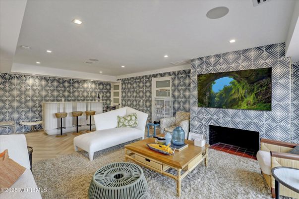 Fireplace, Interior, Living room, Recessed Lighting, Wood Texture Flooring