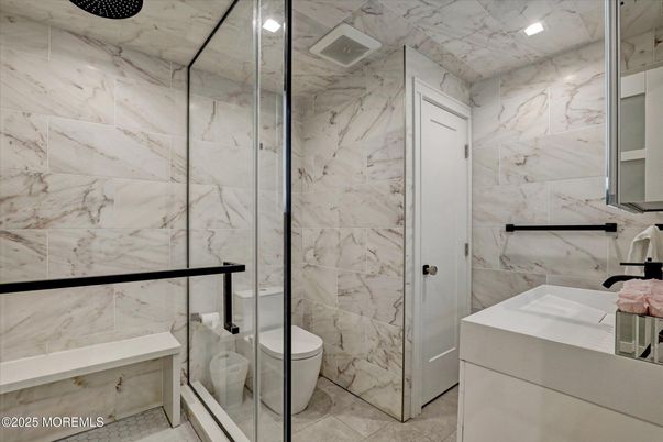 Bathroom, Glass Shower, Interior, Marble Walls, Recessed Lighting