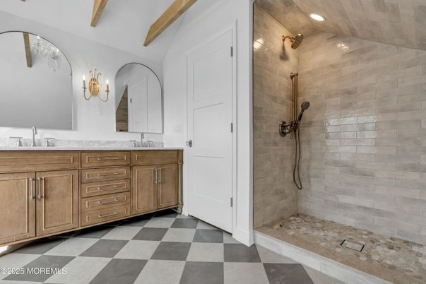 Bathroom, Dual Sink Vanities, Interior, Recessed Lighting, Wooden Beams