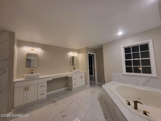 Bathroom, Dual Sink Vanities, Interior, Marble, Recessed Lighting