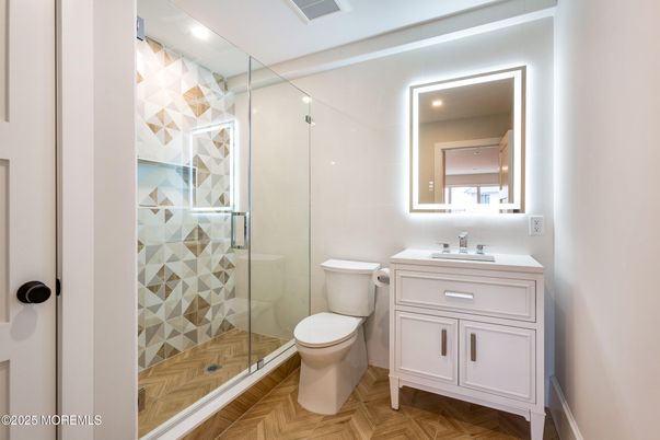 Bathroom, Glass Shower, Interior, Recessed Lighting, Wood Texture Flooring