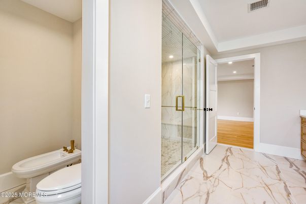 Bathroom, Glass Shower, Interior, Marble, Recessed Lighting, Wood Texture Flooring