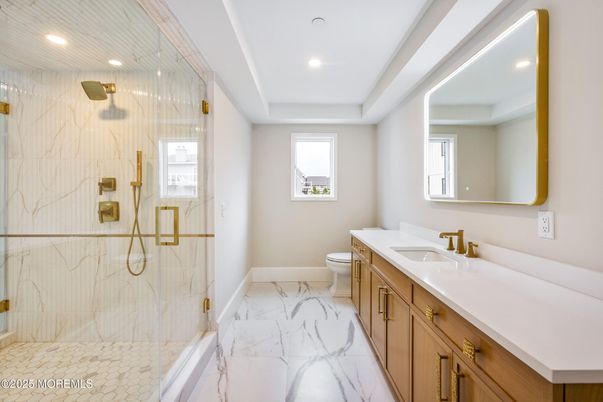 Bathroom, Glass Shower, Interior, Marble, Recessed Lighting