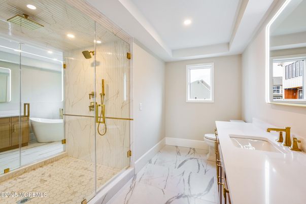 Bathroom, Dual Sink Vanities, Free Standing Baths, Glass Shower, Interior, Marble, Recessed Lighting