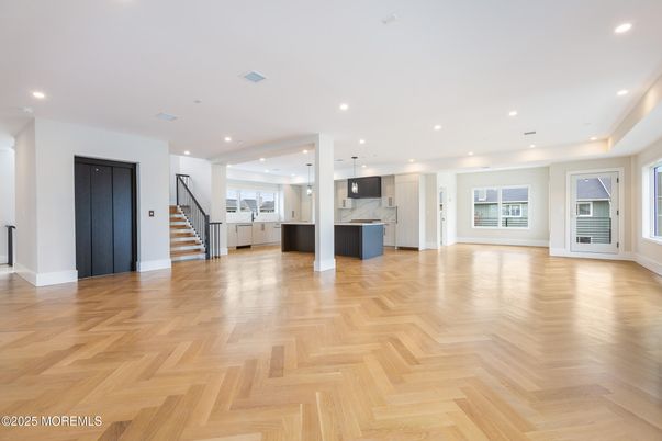 Empty room, Interior, Kitchen, Pendant Lights, Recessed Lighting, Wood Texture Flooring