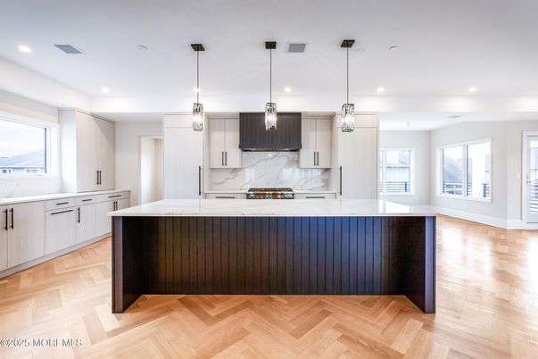 Interior, Kitchen, Marble Walls, Pendant Lights, Recessed Lighting, Wood Texture Flooring
