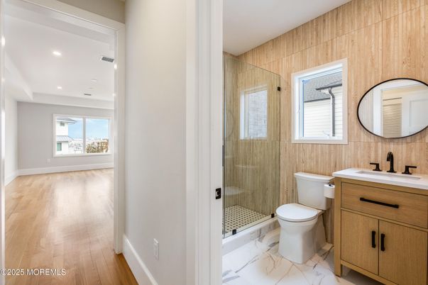 Bathroom, Glass Shower, Interior, Marble, Recessed Lighting, Wood Texture Flooring