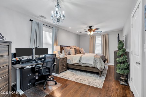 Bedroom, Chandelier, Home Office, Interior, Recessed Lighting, Wood Texture Flooring