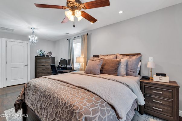 Bedroom, Chandelier, Interior, Recessed Lighting, Wood Texture Flooring
