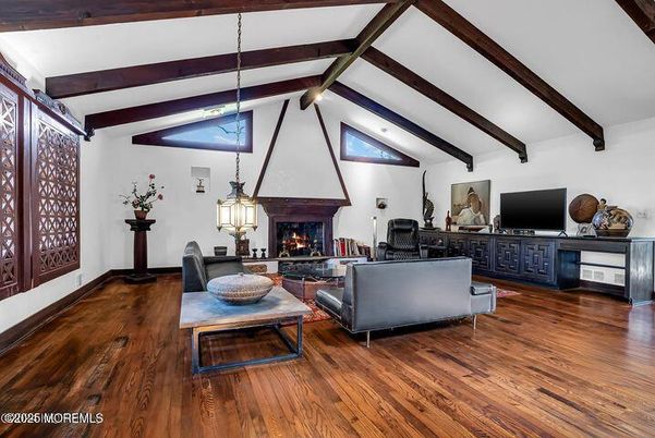 Fireplace, Interior, Living room, Pendant Lights, Wooden Beams, Wood Texture Flooring