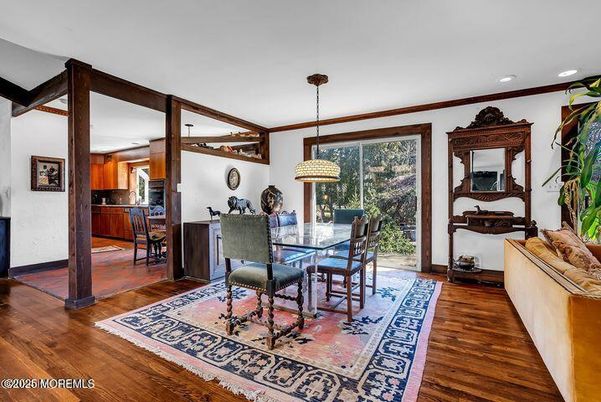 Dining room, Interior, Pendant Lights, Recessed Lighting, Wood Texture Flooring
