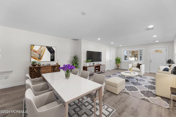 Dining room, Interior, Living room, Recessed Lighting, Wood Texture Flooring