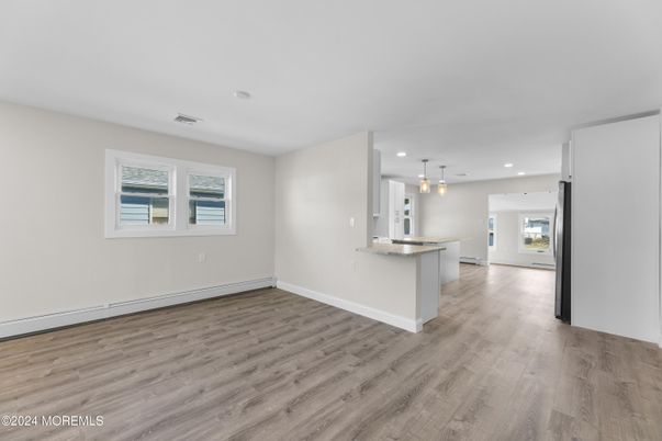 Empty room, Interior, Kitchen, Pendant Lights, Recessed Lighting, Wood Texture Flooring