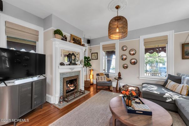 Fireplace, Interior, Living room, Pendant Lights, Wood Texture Flooring