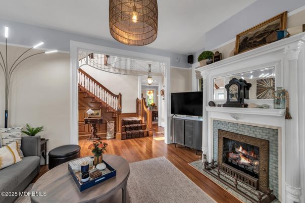Fireplace, Interior, Living room, Pendant Lights, Wood Texture Flooring