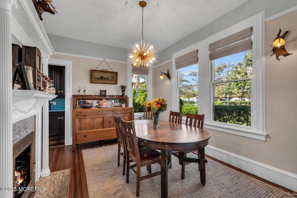 Dining room, Fireplace, Interior, Pendant Lights, Wood Texture Flooring