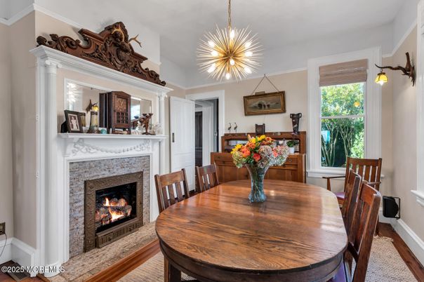 Dining room, Fireplace, Interior, Pendant Lights