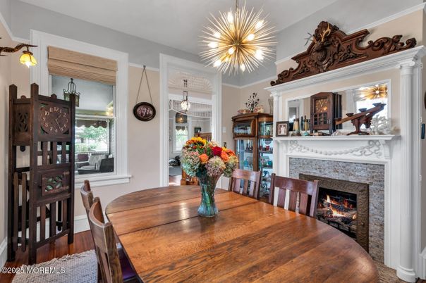 Dining room, Fireplace, Interior, Pendant Lights, Wood Texture Flooring