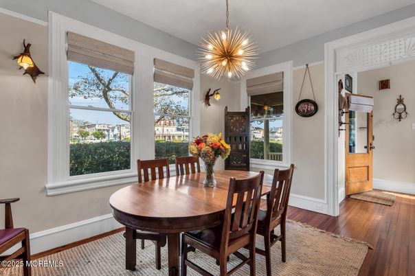 Dining room, Interior, Pendant Lights, Wood Texture Flooring