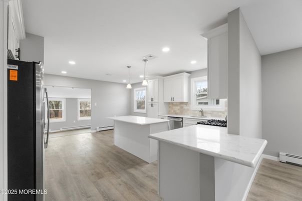 Interior, Kitchen, Pendant Lights, Recessed Lighting, Wood Texture Flooring