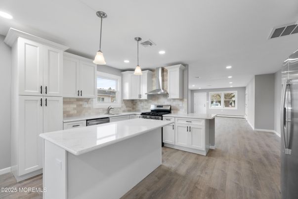 Interior, Kitchen, Pendant Lights, Recessed Lighting, Stainless Steel Appliances, Wood Texture Flooring