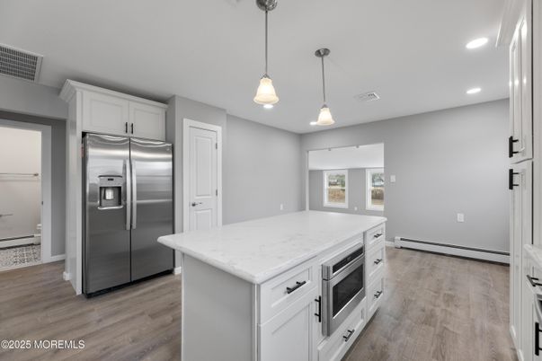 Interior, Kitchen, Pendant Lights, Recessed Lighting, Stainless Steel Appliances, Wood Texture Flooring