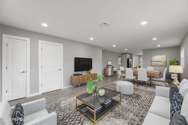 Dining room, Interior, Living room, Recessed Lighting, Wood Texture Flooring