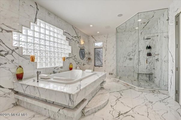 Bathroom, Glass Shower, Interior, Marble, Marble Walls, Recessed Lighting