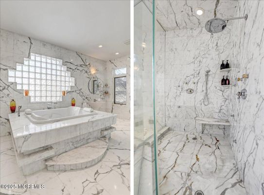 Bathroom, Glass Shower, Interior, Marble, Marble Walls, Recessed Lighting