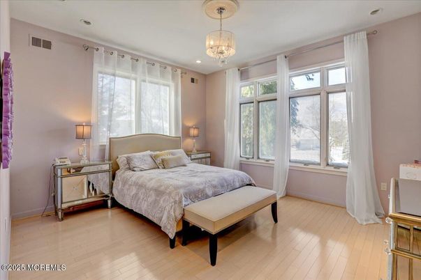 Bedroom, Chandelier, Interior, Recessed Lighting, Wood Texture Flooring