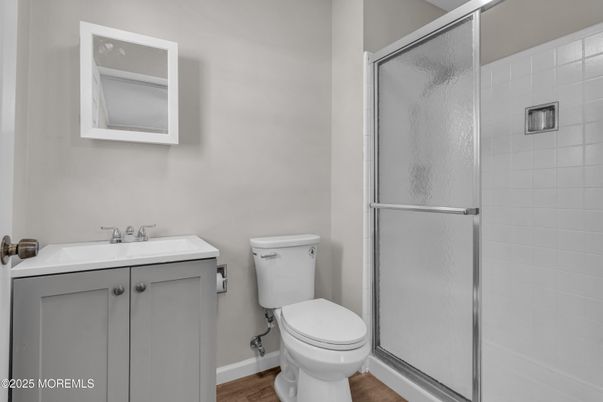 Bathroom, Glass Shower, Interior, Wood Texture Flooring