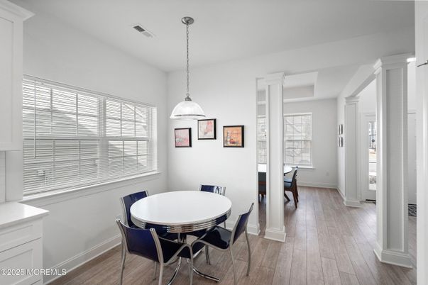 Dining room, Interior, Pendant Lights, Wood Texture Flooring