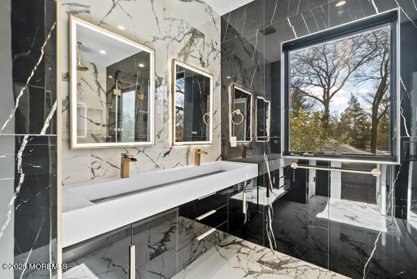 Bathroom, Glass Shower, Interior, Marble, Marble Walls, Recessed Lighting
