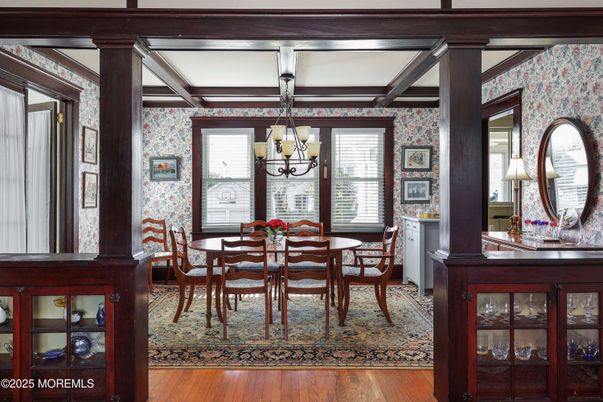 Chandelier, Dining room, Interior, Wooden Beams, Wood Texture Flooring