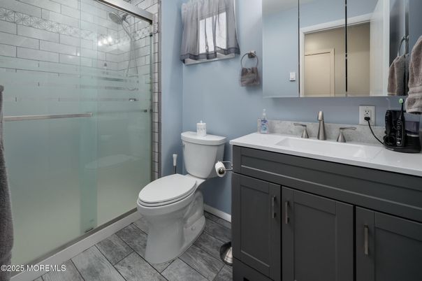 Bathroom, Glass Shower, Interior, Wood Texture Flooring