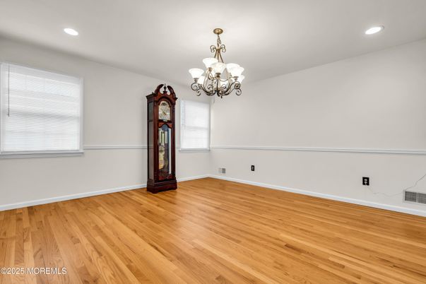 Chandelier, Empty room, Interior, Recessed Lighting, Wood Texture Flooring