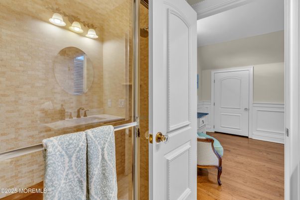 Bathroom, Glass Shower, Interior, Wood Texture Flooring