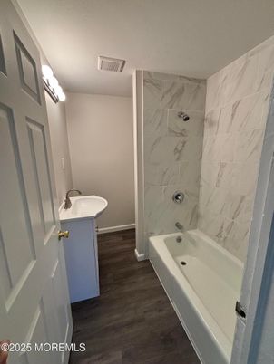 Bathroom, Interior, Marble Walls, Wood Texture Flooring