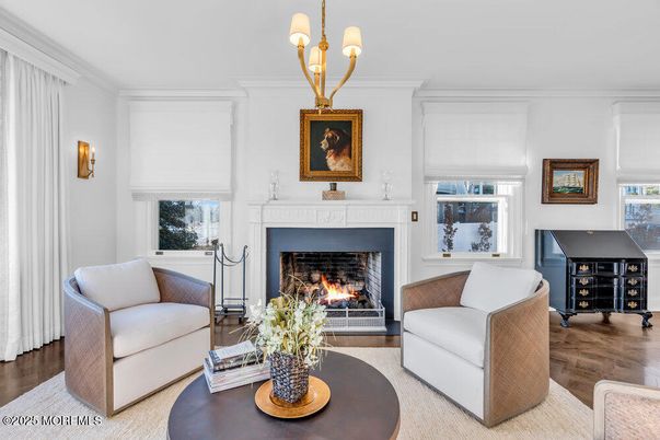 Fireplace, Interior, Living room, Pendant Lights, Wood Texture Flooring