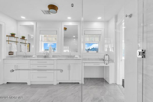Bathroom, Dual Sink Vanities, Glass Shower, Interior, Marble, Recessed Lighting