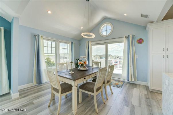 Dining room, Interior, Pendant Lights, Recessed Lighting, Wood Texture Flooring