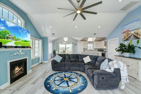 Fireplace, Interior, Kitchen, Living room, Recessed Lighting, Wood Texture Flooring