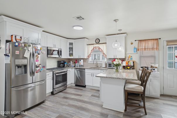 Interior, Kitchen, Pendant Lights, Stainless Steel Appliances, Wood Texture Flooring