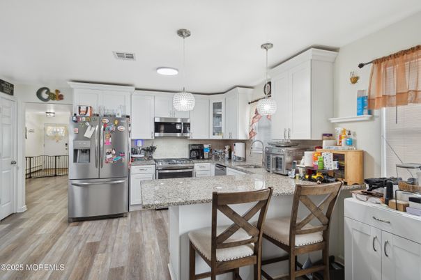 Interior, Kitchen, Pendant Lights, Stainless Steel Appliances, Wood Texture Flooring