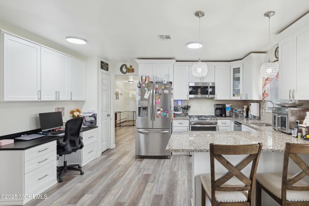 Interior, Kitchen, Pendant Lights, Recessed Lighting, Stainless Steel Appliances, Wood Texture Flooring