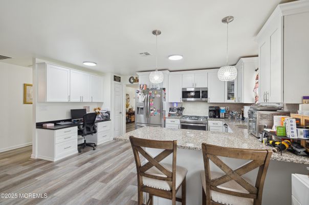Interior, Kitchen, Pendant Lights, Recessed Lighting, Stainless Steel Appliances, Wood Texture Flooring