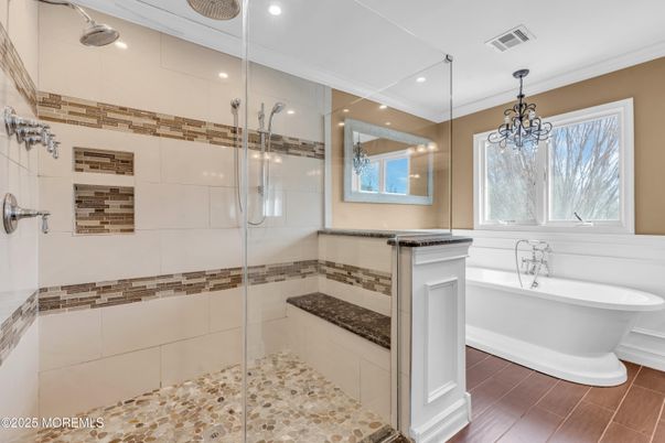 Bathroom, Free Standing Baths, Glass Shower, Interior, Pendant Lights, Recessed Lighting, Wood Texture Flooring