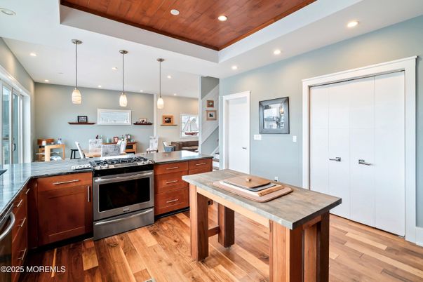 Interior, Kitchen, Pendant Lights, Recessed Lighting, Stainless Steel Appliances, Wooden Ceilings, Wood Texture Flooring