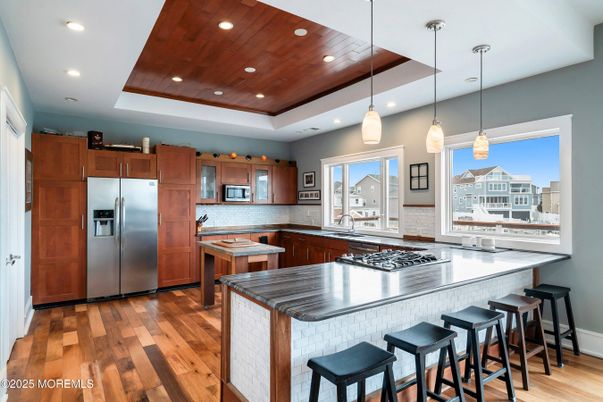 Interior, Kitchen, Pendant Lights, Recessed Lighting, Stainless Steel Appliances, Wooden Ceilings, Wood Texture Flooring