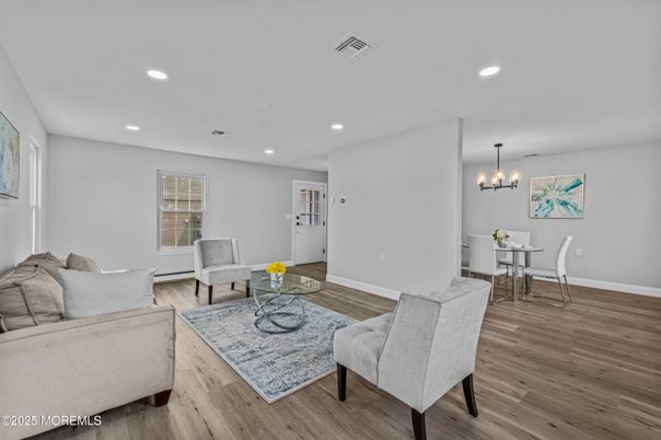 Chandelier, Dining room, Interior, Living room, Recessed Lighting, Wood Texture Flooring